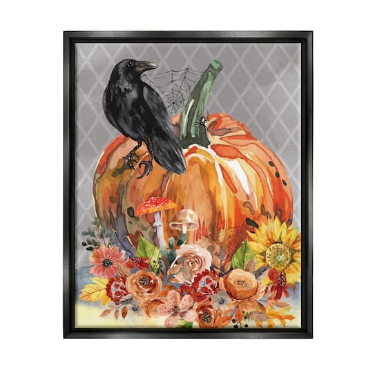 Stupell Industries Autumn Crow Pumpkin Botanicals Framed Floater Canvas Wall Art